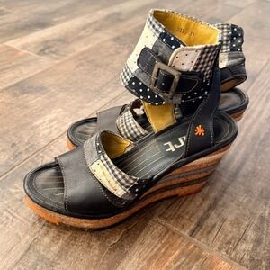 Art Vintage Women's Patchwork Gingham Dot Black Leather Jute Wedge Sandals,39